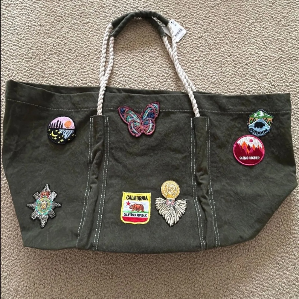 Free People Olive Tote with Colorful Patches